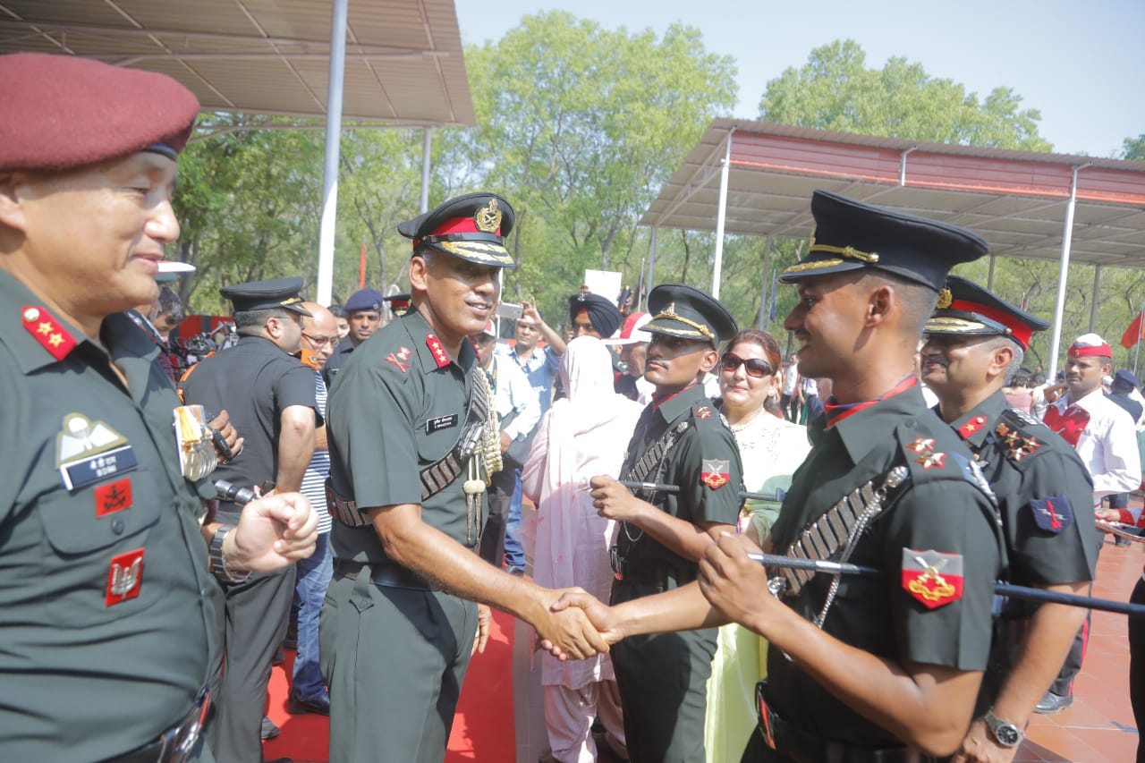 Commandant and Deputy Commandant & Chief Instructor, Officers’ Training Academy Gaya congratulating newly commissioned officers after the Pipping Ceremony on 08 Jun 2019